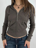 Solid Ribbed Zip Up Drawstring Hooded Long Sleeve Knit- Outfit