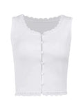 White Lace Trim Button Front Tank Top-Outfit