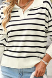Women's Striped Knitted Jumper Oversize Winter V Neck Casual Tops Polo Pullover Women Long Sleeve Sweaters for