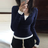 Fashion Street Babes Fake Two T-Shirt Half-Necked Buckle Casual Knitted Long-Sleeved Bottom Shirt Autumn