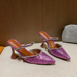 Summer New Pointed Toe Rhinestone Sequined Stiletto Slippers Leopard Print Baotou Half Drag