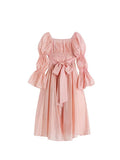 Autumn New Women's Dress French Vintage Sweet Style Hollow-Out Bow Lace-Up Square Collar Puff Sleeve Ladies Long