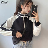 Hat Hoodies Sweatshirts Short Length Striped Zipper Turtleneck Spring Autumn Fashion Streetwear Chic All-match Ulzzang