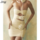 Sexy Strapless Flower Mesh Women Dress Apricot Hollow Out Ruched Summer Dresses Woman 2023 Elegant Party Club