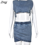 Women Denim Skirt Jeans Set Solid Color Streetwear Tracksuit Matching Set Crop Tank Top + Mini Dress Skirts