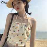 Floral Camisole Women Summer New Korean Slim Basic Tops Fashion Y2k Cropped Sexy Casual All-match Vacation Tender