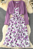 Women Two Piece Set Beach Vacation Long Sleeve Cardigans + Floral Spaghetti Strap Midi Dress Female Suit New