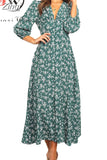 Women Chiffon Long Dress Floral Print Lantern Sleeve A-line Maxi Vestidos Autumn New Elegant Vintage V Neck Winter