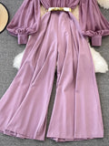 do vintage macacões outono lanterna manga longa gola de cintura alta perna larga drapeado macacão feminino elegante playsuits