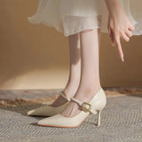 Pointed Mary Jane Shoes Women's 2025 New Fine Heel Soft Leather Single Shoes One-Word Buckle Fashion Pointed High