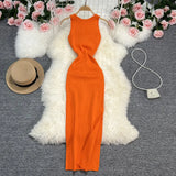 Zingj Sexy Round Neck Kink Solid Color Vest Knit Skirt Front And Back Two Wear Elastic Tight Wrap Hip