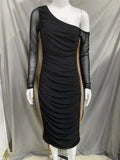 Zingj 2024 The New Women's Long Sleeve Mesh Splicing Inclined Shoulder Long Temperament Pleated Dress