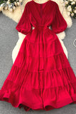 Vintage Women Pleated Long Dress Elegant V-Neck Puff Short Sleeve High Waist A-Line Ruffle Draped Big Swing Maxi Robe