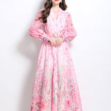 Women's Dress Spring New Court Style Waist Suit Collar Lantern Sleeve Print Long