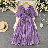 Vintage Women Pleated Chiffon Midi Dress Elegant V-Neck Short Sleeve High Waist A-Line Draped Purple/Red/Yellow Robe