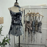 Girls Newspaper Tie-Dye Printing Net Waste Vest Irregular Rope Ribbon