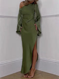 Women's Oblique Shoulder Dress Solidly Exposed Shoulder Repair Fork Horn Sleeve