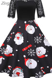 Women's Christmas Dress Short Sleeve Lace Santa Claus Print High Waist Elegant Vintage Winter Xmas Party