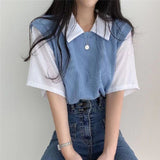 Zingj Summer Polo Lapel Fake Two College Wind Contrast Color Short-Sleeved T-Shirt Women's Loose Casual Versatile Top