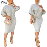 Bohemian O Neck Puff Sleeve Pleated Sundress Women Sexy Casual Solid Dress Party Fashion Vintage