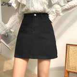 Women Solid A-line Denim Pockets Button Mini High Waist All-match Leisure Korean Chic Simple Womens Fashion Daily