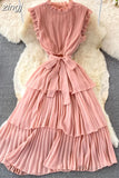 Women Purple/Pink/Green Draped Dress Vintage Ruffle Stand Collar Sleeveless High Waist Party Pleated Vestidos Female