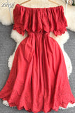 Women Sexy Slash Neck Off Shoulder Vacation Beach Dress Female Elegant Hollow Out Short Sleeve A-Line Mini Robe 2023