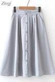 Women Summer Cotton Skirt Girls Elegant Solid Elastic Waist Spring Casual Single-Breasted Office Ladies A-Line Midi Skirt