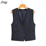 Women Fashion V Neck Single Breasted Pockets Slim Vest Jacket Ladies Sleeveless Casual Business WaistCoat Tops