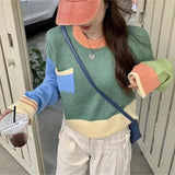 Zingj Splicing Short Head Sweater Female Spring And Autumn Korean Soft Waxy Show Thin Age Reduction Sweet Sweater Long Sleeve Jacket-Outfit