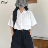 Women Straight Solid Turn-down Collar All-match College Style Ins Street Wear Students New Arrival Button Summer