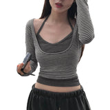 U-Shaped Low-Neck Two-Piece Striped T-Shirt Hanging Neck Vest 2025 Fashion-Colored Knitted