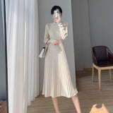 Winter New Knitting Sweater Women Midi Pleated Dress Elegant Casual Long Sleeve Female