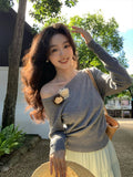 Special Price Does Not Return] Xiu Xixi Autumn Shoulder Wool Bottom Shirt Long-Sleeved Knitted Shirt Women's Top