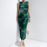 Spring Summer New Women's Temperament Elegant Sleeveless Open Forked Waist Sexy Printed Fashion