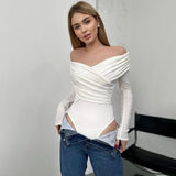 Zingj Spring Autumn New Temperament Fashion V Collar Off-Shoulder Splicing Long Sleeve Slim Joker