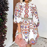 Spring Women's Fashion V-Neck Lantern Sleeve Temperament Printed Waist Skinny