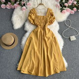 Zingj Vacation Wind French Retro Square Collar Waist Dress Female Summer Design Sense Bubble Short Sleeve Fairy