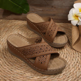 Thick Bottom Hollow Cross-Slippers Female Slope And Embroidered Beach Fish Mouth Side Empty Toe Cool