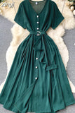 Vintage V-Neck Single Breasted Midi Dress For Women Elegant Short Sleeve High Waist A-Line Slim Green/Red/Purple