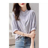 Summer New Five-Sleeve Casual Temperament Striped Shirt Women Short Sleeve Loose Thin Round Collar