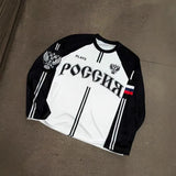 Retro Flag Aesthetic Long-Sleeved Jersey T-Shirt Y2k Loose Sports High Street Collar