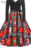 Women Winter Long Sleeve Vintage Christmas Dress Black Red Print V Neck Sexy Xmas Party Dress Robe 3XL Elegant