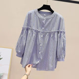 2025 Spring And Autumn Korean Version Of The Round-Necked Women's Shirt Age-Old Doll Shirt Fashion Casual Thin Nine-Sleeved Lace