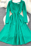 Vintage Women Square Collar Midi Dress Elegant Green/Pink/Red High Waist Slim Draped Big Swing Vestidos Female Robe