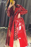 Autumn Long Shiny Reflective Patent Faux Leather Trench Coat for Women Sashes Double Breasted Runway European