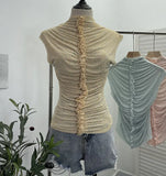 Drilling Sleeveless Vest Wearing Half-High Neck Net Yarn Slime Folded T-Shirt Blouse Female
