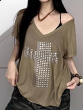 Sub-Series Cross Scald Copper Slanted Shoulder Loose Casual T-Shirt Hottie Street Sexy V-Neck On The