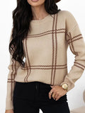 Autumn And Winter New Lattice Color Collar Sweater Women Casual Long-Sleeved Round Collar Collar Knitted