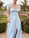 Women Maxi Dress Floral Print Long Dress Summer Puff Sleeve Ruffles Casual Elegant Holiday Party